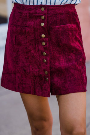 Velma in Velvet Front Button Skirt - Wine