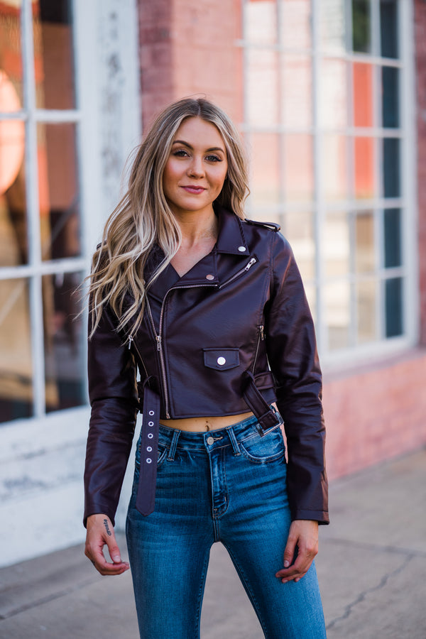 Vegan Leather Moto Jacket - Eggplant