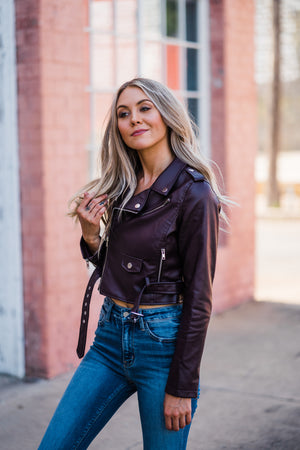 Vegan Leather Moto Jacket - Eggplant