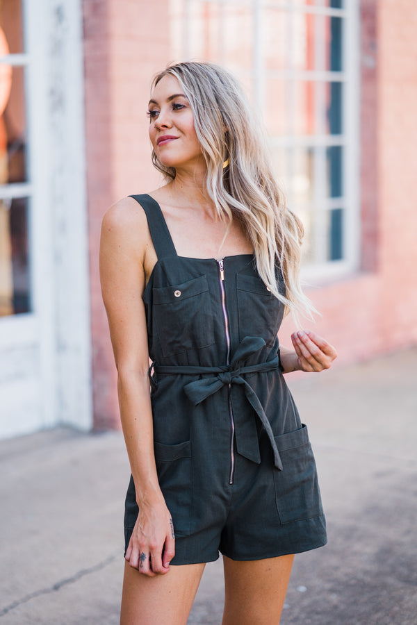 Belted Linen Romper - Olive