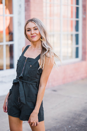 Belted Linen Romper - Olive