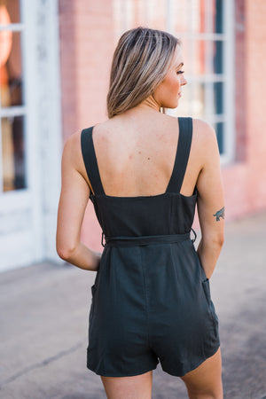 Belted Linen Romper - Olive