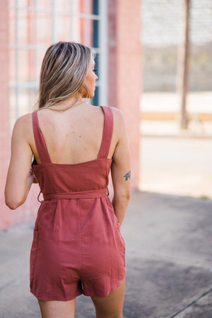 Belted Linen Romper - Rust