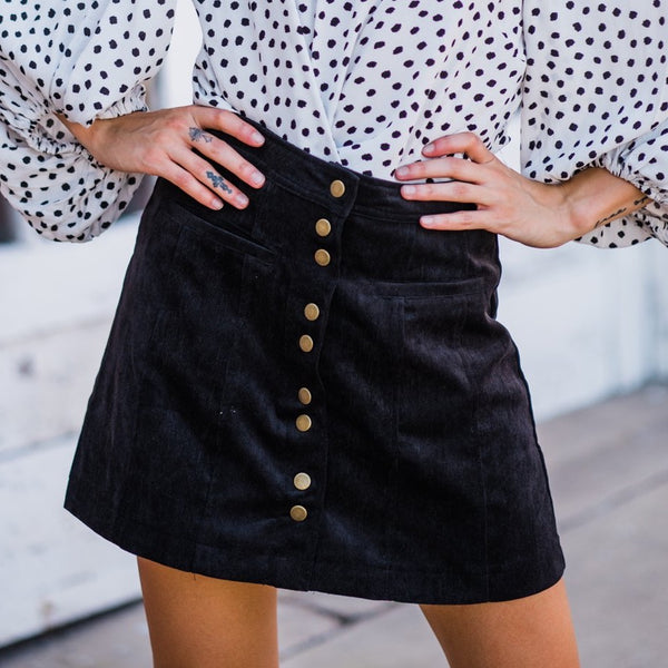 Velma in Velvet Front Button Skirt - Black